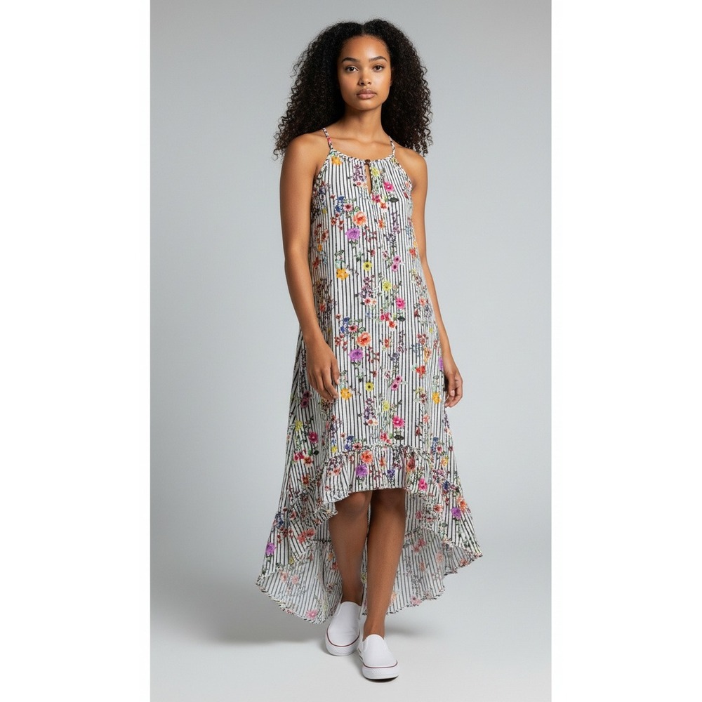 Nina Leonard Womens Floral Striped High Low‎ Halter Dress Black White Large